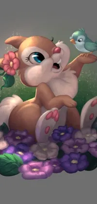 This live wallpaper features a delightful cartoon dog sitting atop a colorful pile of flowers