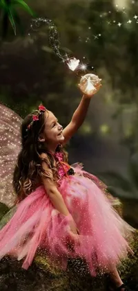 This charming live phone wallpaper depicts a fairy-themed image that showcases a little girl dressed up in a pink ballroom gown, complete with butterfly lighting sitting on a rock in a magical forest decorated with fairy lights