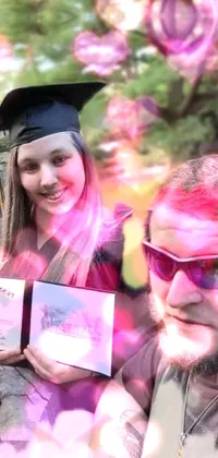 This phone live wallpaper showcases a couple sporting caps and shades posing for a graduation photo, complete with letterboxing
