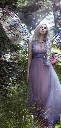 This phone live wallpaper features a stunning 3D render of a fairy gracefully moving through an enchanted forest