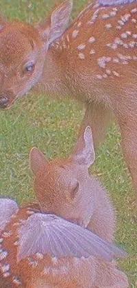 This phone live wallpaper showcases the stunning image of two deer comfortably resting on a luscious green field