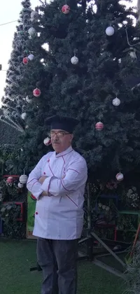 This festive live wallpaper depicts a man standing in front of a Christmas tree adorned with baubles and lights