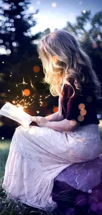 This phone live wallpaper showcases a mesmerizing scene of a girl sitting on the grass, reading a book