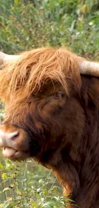 This lively and rustic live wallpaper features a charming close-up view of a Scottish cow with long and unkempt horns, perfect for nature lovers and animal enthusiasts