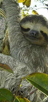 Looking for a charming live wallpaper for your phone? Check out this close-up image of a sloth perched in a tree