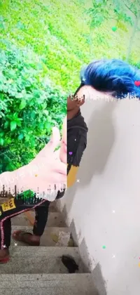 This live wallpaper displays a striking piece of hyperrealistic painting featuring a person with blue hair climbing a stairway