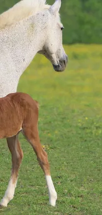 Enjoy the beauty of springtime with the serene live wallpaper featuring a white horse and its adorable foal