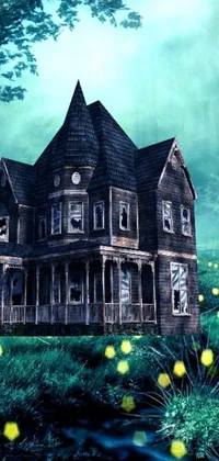 This phone live wallpaper features a large wooden house on a lush green field, with a feeling of grimdark horror and wonderland at night