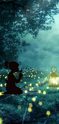 This phone live wallpaper features a stunning digital art image of a girl in a field with a glowing lantern and fireflies
