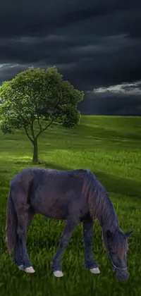 This live wallpaper depicts a striking image of a horse amidst a vibrant green field, standing next to a tall tree