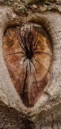 This live phone wallpaper features a rustic heart cut into the bark of a tree, surrounded by intricate patterns and symbols, including a brain, key, and holy grail