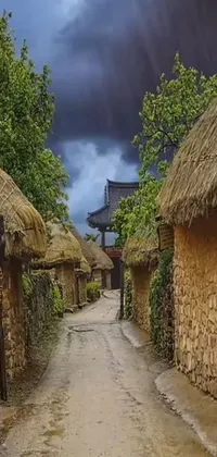 This live wallpaper showcases the beauty of a countryside village, featuring a dirt road surrounded by traditional thatched roofs