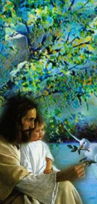 This live wallpaper displays a touching scene of Jesus holding a child in a field beside a tree, while a white dove flies overhead against a blue sky