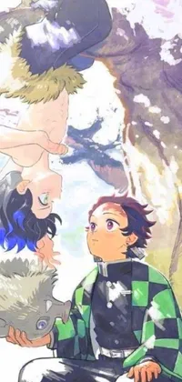 This anime-inspired live wallpaper features two characters sitting in a nature landscape from the popular show Kimetsu no Yaiba