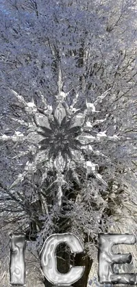 This live phone wallpaper features a snow-covered tree with the word "ice" written on the trunk, framed by a kaleidoscope effect made from shiny white metal and large star crystals