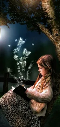 This phone live wallpaper features a digital art scene of a young girl sitting on a tree branch, surrounded by lush green leaves and a blue sky