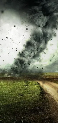 This dynamic live wallpaper showcases a stunning twist of nature, featuring a powerful tornado in a vast field