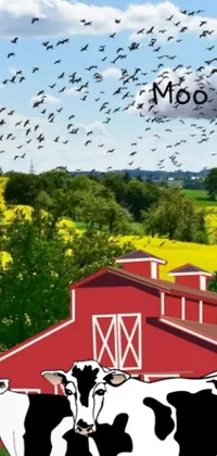 This phone live wallpaper showcases a beautiful digital rendering of a herd of cows grazing on a green field with a red barn in the background