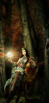 This stunning phone live wallpaper showcases a mesmerizing forest scene featuring a fairy woman perched on a wolf