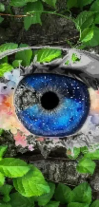 This surrealistic mobile live wallpaper showcases a blue eye surrounded by green leaves and growing from a tree branch