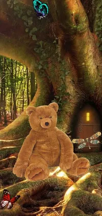 This live phone wallpaper features a cute brown teddy bear and an enchanting tree within an illustrated forest