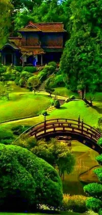 This phone live wallpaper depicts a stunning Japanese garden with a bridge over a pond, surrounded by lush green fields and oversaturated colors