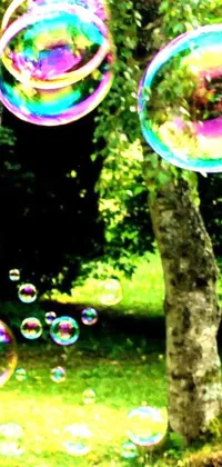 Add a touch of magic to your phone's screen with this stunning live wallpaper featuring soap bubbles on a lush green field, surrounded by a flickering effect