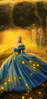 This stunning phone live wallpaper features a beautiful digital art image of a woman in a flowing blue dress in a forest
