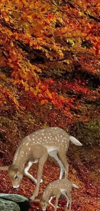 This lively phone live wallpaper exhibits a digital painting of two deer standing in a colorful forest