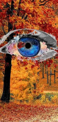 This mind-bending phone wallpaper depicts a surrealist painting of an eye gazing out from a lush forest scene