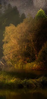 This stunning live wallpaper depicts a tranquil body of water surrounded by lush forests under a starry night sky