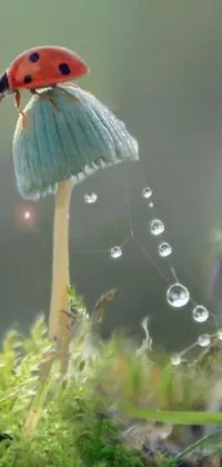 This live phone wallpaper features a ladybug sitting on a mushroom as it pours rain