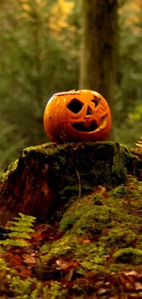 Looking for a spooky live wallpaper to match the Halloween season? Look no further than this intricately designed digital art piece! Featuring a carved pumpkin resting atop a mossy tree stump set against a forest background, this wallpaper is perfect for adding a touch of creepy charm to your phone