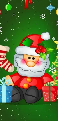 This Christmas live wallpaper depicts a cheerful Santa Claus seated in front of a decorated Christmas tree