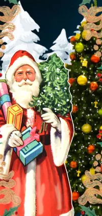 This lively and festive live wallpaper features a cheerful scene of Santa Claus in front of a beautifully decorated Christmas tree