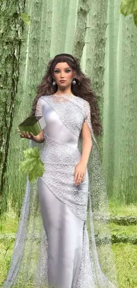 This phone live wallpaper depicts a breathtaking scene of a woman in a white dress standing in a verdant forest