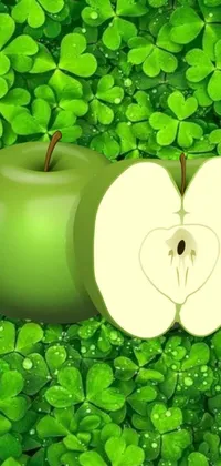 This green apple live wallpaper showcases a vibrant green field filled with lucky clovers
