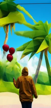 Featuring a low poly render, this interactive phone wallpaper shows a man holding balloons on a sunny beach with lush jungles in the background