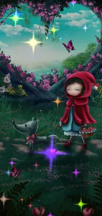 This phone live wallpaper features a vibrant painting of a red riding hood-esque girl riding on a horse through a fantastical garden