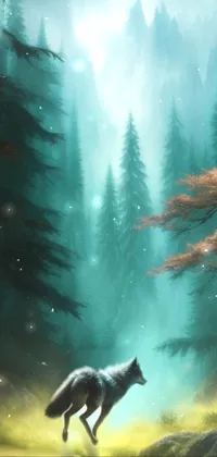 This live phone wallpaper features a stunning digital painting of a wolf running through a forest, set against a backdrop of turquoise mountains