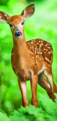 This phone live wallpaper is a photorealistic depiction of a beautiful deer standing atop a lush green forest