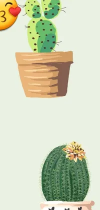 This phone live wallpaper features a minimalist digital painting of two cactuses in a cozy embrace