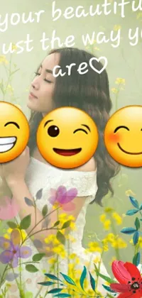 This lively phone live wallpaper showcases a woman holding a bunch of colorful emoticons in front of her face, displayed against a picturesque spring scenery