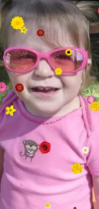 This lively and charming phone live wallpaper features a photo of a little girl sporting pink sunglasses, standing beside a wooden bench