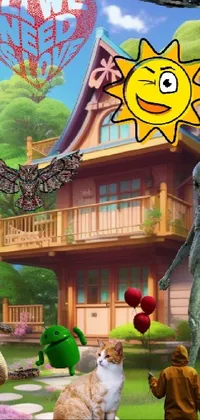 Add some fun to your phone's display with this lively live wallpaper! Featuring a group of colorful cartoon characters in front of a cozy house, this wallpaper brings a playful and sunny atmosphere to your phone screen