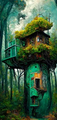This phone live wallpaper features a magnificent tree house amidst a verdant forest, brought to life through a surrealistic painting