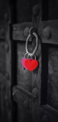 This phone live wallpaper depicts a charming heart-shaped padlock on an old wooden door