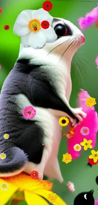Looking for an adorable phone live wallpaper? Look no further! This digital rendering features a charming black and white mouse perched on a gentle flower, bringing a smile to your face every time you unlock your phone 🐭🌸