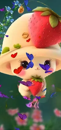 This phone live wallpaper features a charming, whimsical design with a little girl in a straw hat holding a bright red strawberry, and a cute mouse Pokemon in the lower corner, bouncing around the screen