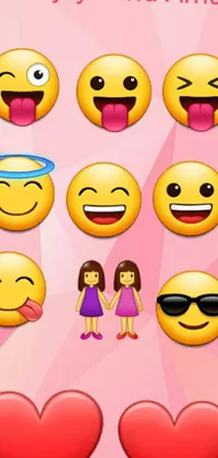 This colorful live wallpaper for your phone features an assortment of emoticons including kissing smiles, heart eyes and laughing faces